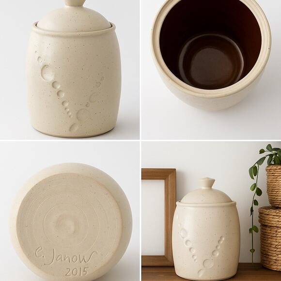 E. Janow Studio Pottery Lidded Jar Signed 2015 Cream Speckled Stoneware 8” - Picture 1 of 4